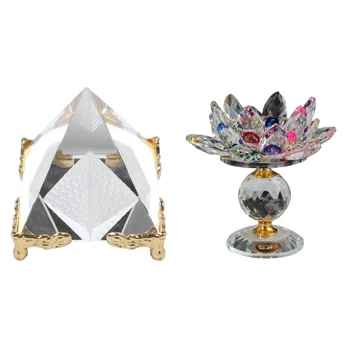 

Egypt Egyptian Crystal Clear Pyramid with Glass Block Lotus Flower Metal Candle Holders Feng Shui Candlesticks-Color
