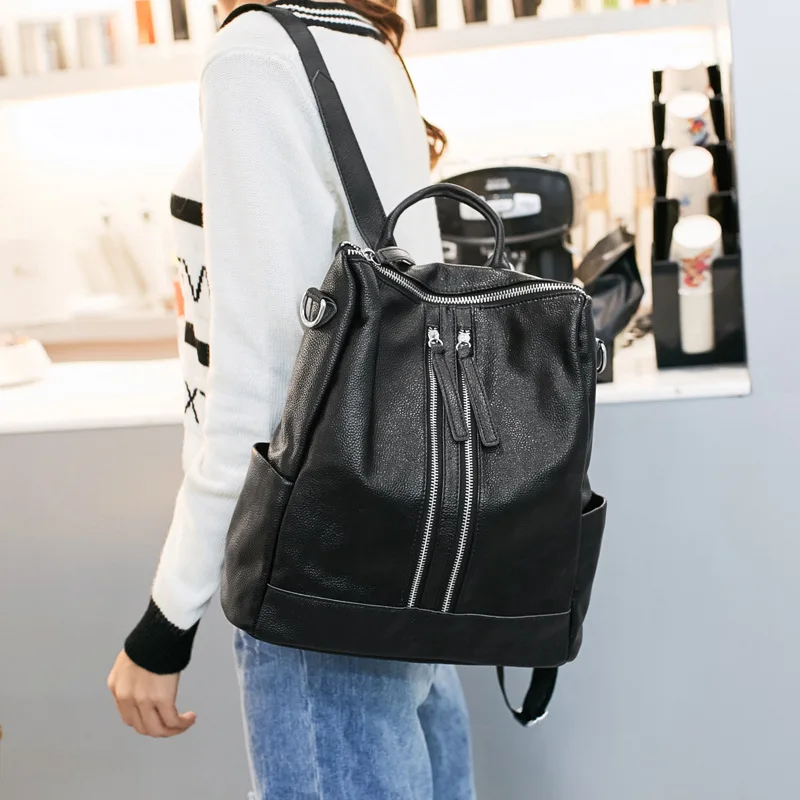 

Amoy Printed Leather Goods * Korean-style Autumn And Winter New Style Women's Backpack Embossed Leather Black Soft Leather Shoul