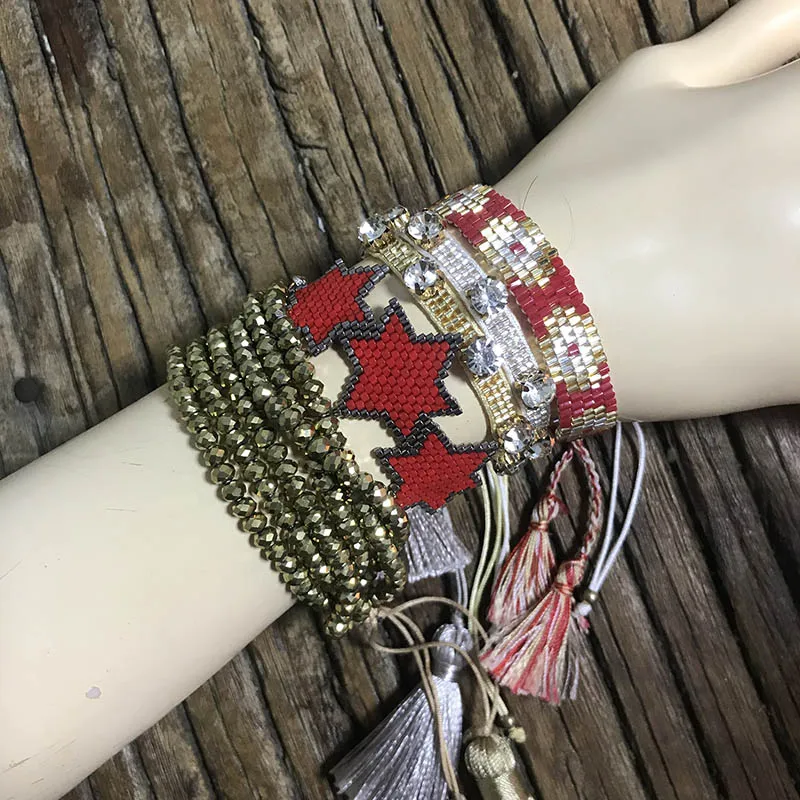 Rttooas Модный женский ювелирный браслет ручной работы с красной звездой, тканый браслет MIYUKI из бисера с кристаллами и кисточкой, подарок