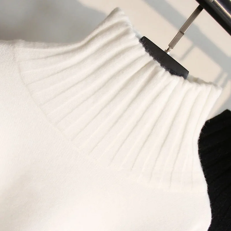 Женские модные свитера, вязаный свитер с высоким воротом, женский свитер с длинным рукавом, белый и черный, женский свитер, однотонный, Повседневный, мягкий, 5298 50