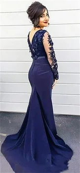 

2020 Navy Blue Mermaid Bridesmaid Dresses for Women O-Neck Long Sleeves Sweep Train Formal Gowns Beaded Applique Long Prom Dress