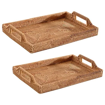 

Rattan Storage Basket Snack Bread Basket Square Woven Basket Living Room Desktop Storage Tea Ceremony Accessories, 2PCS