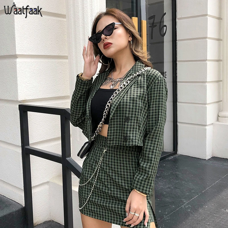 

Waatfaak Plaid Print Women Two Piece Set Top And Skirt Green Turtleneck Two Button Blazer And Skirt Set A Line Skirts Elegant