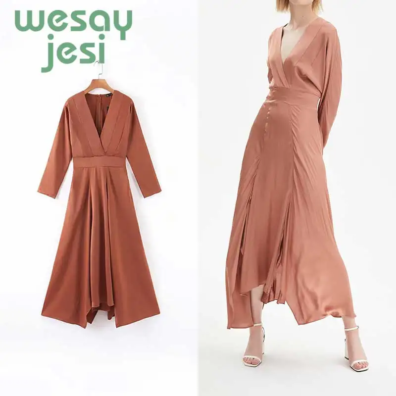 

Women Autumn Pleated Sexy Dress lady solid color Long Dress Women Vintage Long Sleeve Party Dress Casual Vestidos Woman Clothes