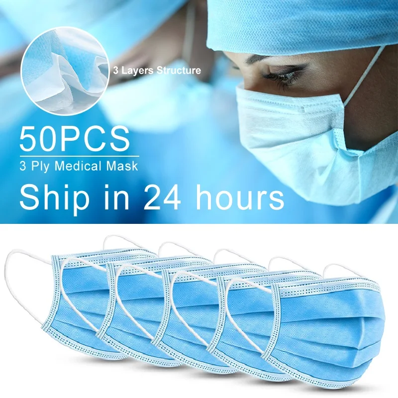 

50 pcs/pack Non Woven Disposable Face Respirator Mask 3 Layer Earloop Activated Carbon Anti-Dust proof Mouth Mask