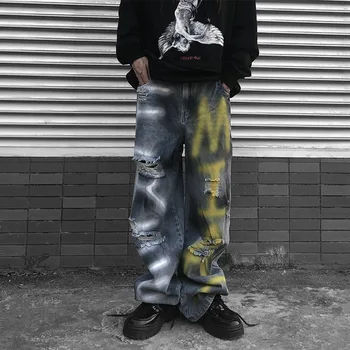 

Spray Paint Distressed Ripped Jeans Men Streetwear Beggar Baggy Pants Mens Hip Hop Graffiti Dirty Denim Trousers
