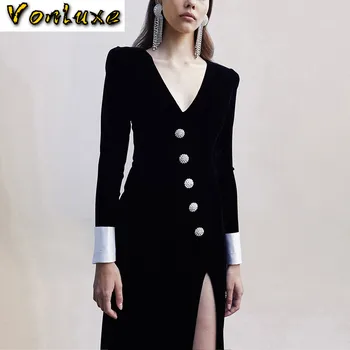 

Vintage Autumn Winter Dress Women High Quality Runway Luxury Designer Sexy V Neck Long Dress Female Sexy Open Fork Party Dress