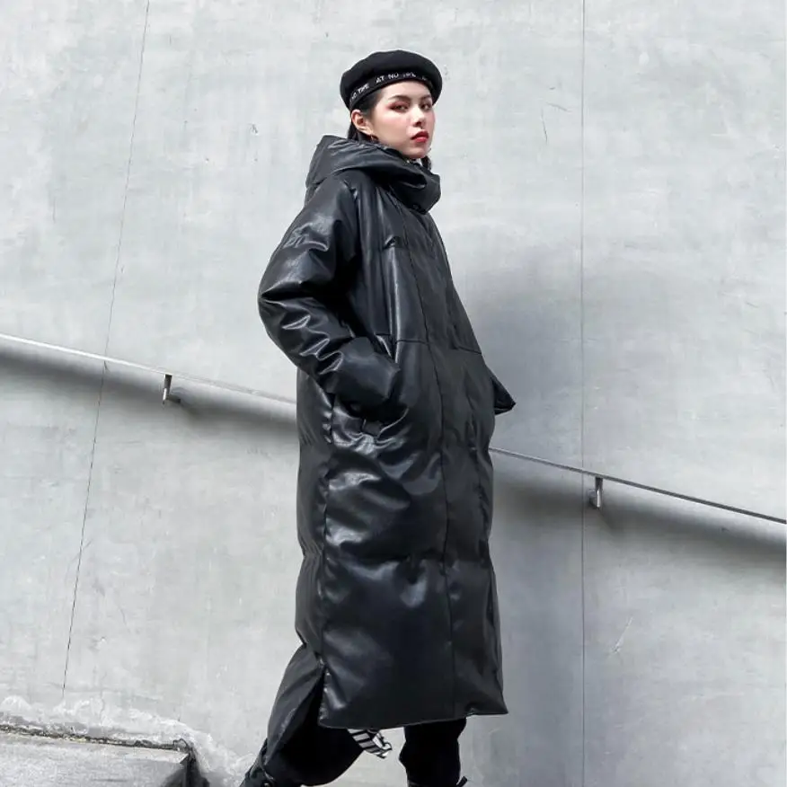 Fit-25 зимнее уличное пальто из искусственной кожи, плотное теплое хлопковое пальто большого размера с капюшоном, женское длинное плотное хлопковое пальто F622
