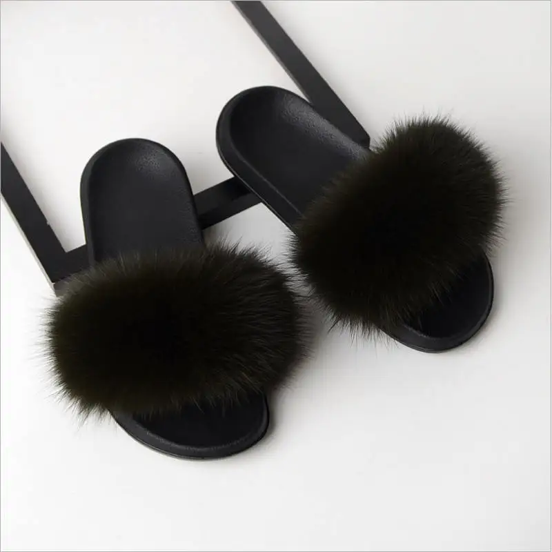 Classic black Очень пушистые шлепанцы на лисьем меху; Шлепанцы из натурального Лисьего меха; розовые пушистые сандалии; Милая женская обувь на плоской подошве с открытым носком; коллекция года; сезон весна - Цвет: Classic black