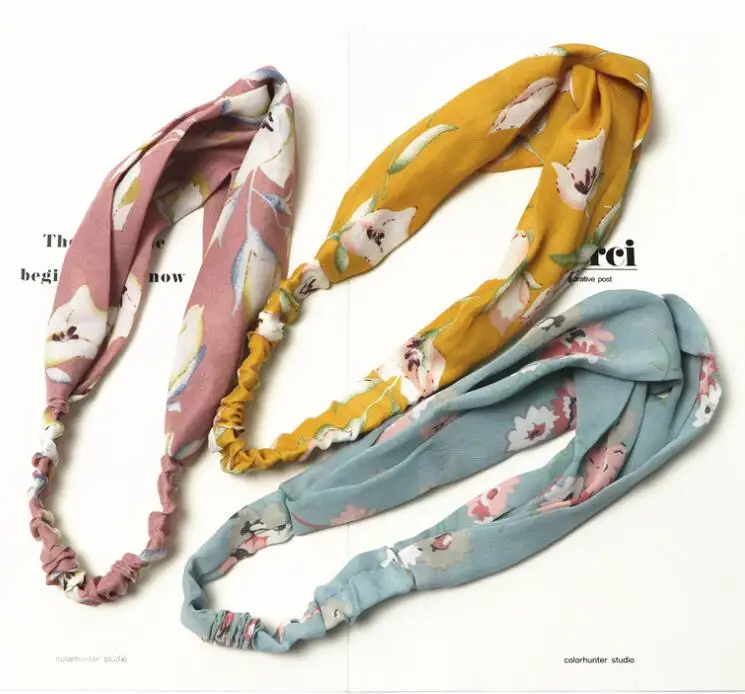

200PCS Korean Edition Literary Headwear Chiffon Flexible Cross Hair Band Printed Headband Fashion Headwear Sports Yoga Hair