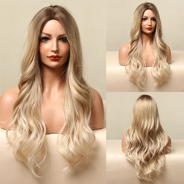 HENRY MARGU Long Black Brown Body Wave Synthetic Wigs Heat Resistant Natural Cosplay Wigs for Women Middle Part Hair Wigs LC5126-1