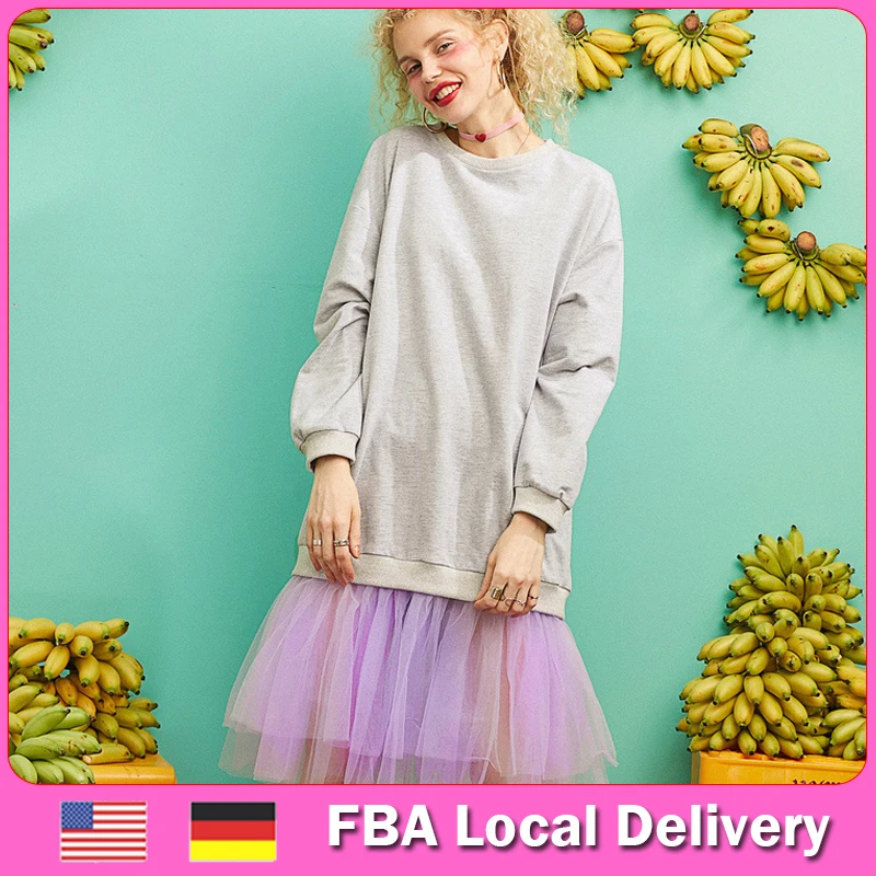 ELFSACK US & DE FBA Local Delivery,Women Sweatshirt and Lace Patchwork Dress,Long Sleeve Autumn Warm Clothing