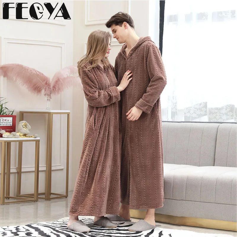

Lovers Couple Coral Fleece Robe Winter Thick Warm Women Men Nightgown Bath Gown Female Large Size Long Hooded Sleepwear Nightwea