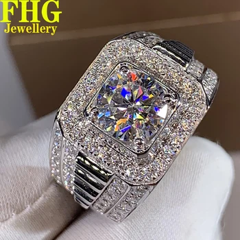 Solid 9K white Au375 Gold Men Ring 3Carat Moissanite Diamonds Round Luxury Wedding Party Engagement Anniversary Ring