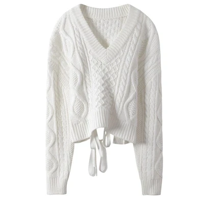 Однотонные короткие женские вязаные пуловеры с v-образным вырезом, свитер с повязкой на спине, женский джемпер с длинными рукавами, осенне-зимние женские комбинезоны - Цвет: Белый