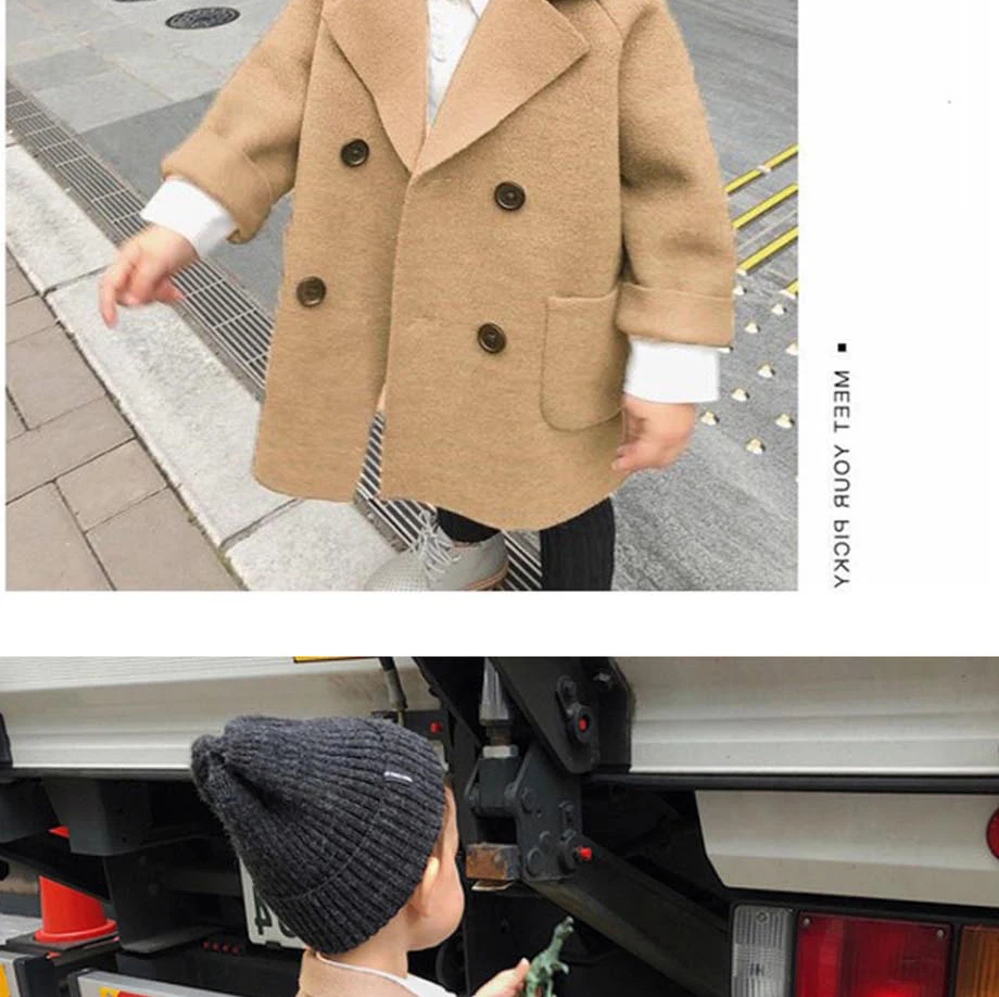Зимние куртки, однотонный шерстяной двубортный плащ для маленьких мальчиков, верхняя одежда для детей 1, 2, 3, 4, 5 лет, пальто, шерстяное пальто для мальчиков