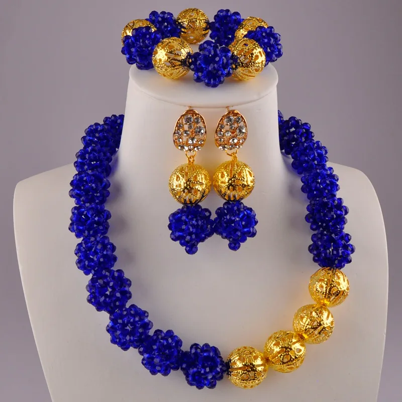 Royal Blue Персиковый хрусталь бисерный шар ожерелье комплект ювелирных изделий Африканские свадебные бусы Ювелирные наборы - Окраска металла: Royal Blue