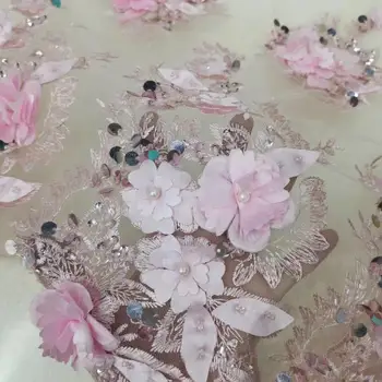 

high end handmadepink color embroidered net lace fabric with 3D flower JOY-3910 beaded african tulle lace for party dress fabric