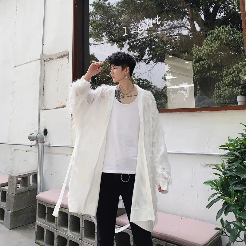

MIXCUBIC 2019 Autumn Korean style white Three-dimensional feather Cardigan men casual loose feather Cardigan Sweaters for men