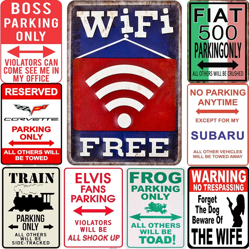 

WIFI Free Train Parking Warning Signs Retro Metal Tin Sign Indicator For Market Restaurant Bar Pin Up Metal Iron Plate Plaques
