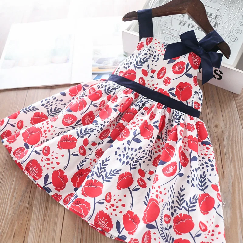 Spring Summer Flower Leaves Bow Suspenders Girls Dress with Children's Clothing Wholesale Casual | Детская одежда и обувь