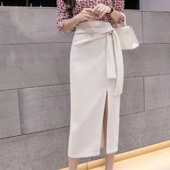 

Women's Suede High Waisted Midi Skirt Spring Bodycon Split Sashes Skirts Female 2020 Autumn Office Lady Black Beige Clothes
