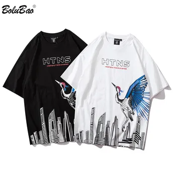 

BOLUBAO Men's Brand Fashion T Shirt Summer High Quality Street Men Crane Printing T Shirts Male Harajuku 100% Cotton Tee Tops