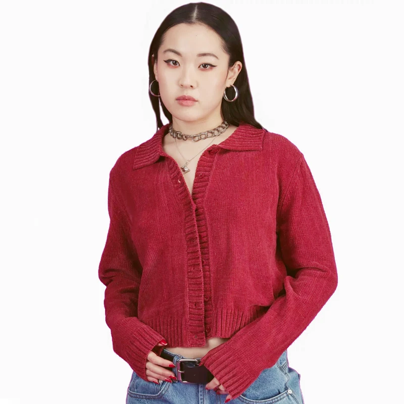 

Women Knitted Button Through Chenille Cardigan Collared Button Up Top With Raw Edge Hem Cardigan