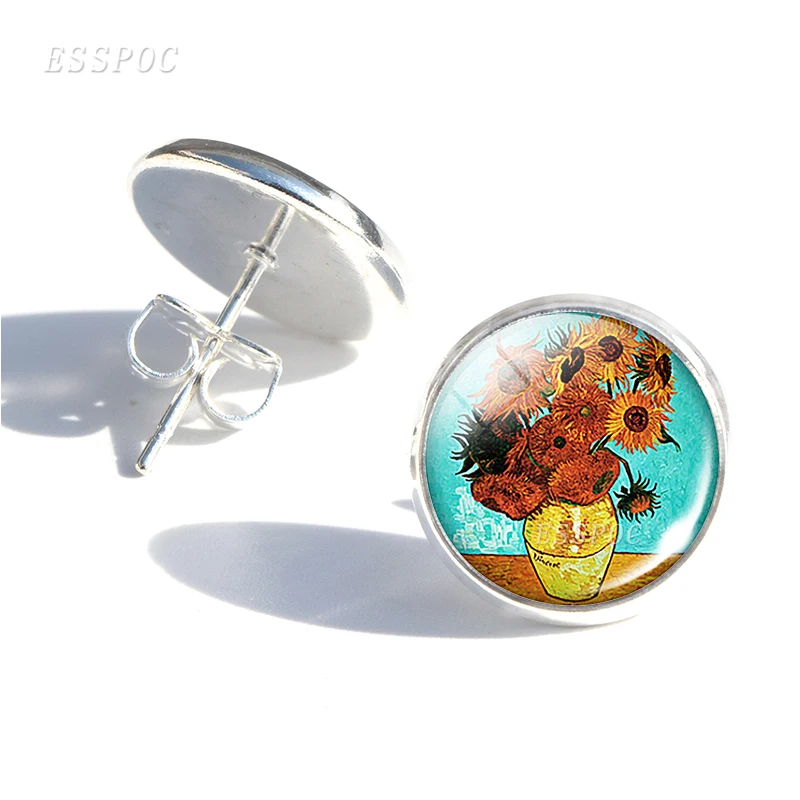 Женские серьги гвоздики с изображением подсолнуха|glass cabochon earrings|fashion stud earringsstud