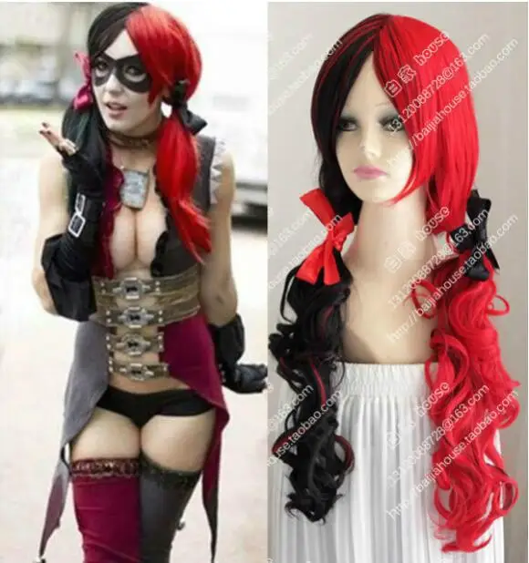 

Free Shipping Batman Harley Quinn Red Black Long Wavy Cosplay Party Wig Hair