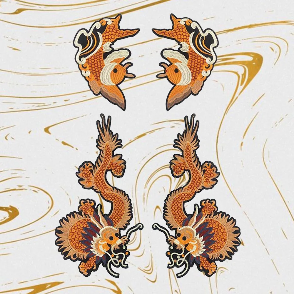 

1 pair Chinese Nation Dragon fish Patches Embroidery Sew on Patches Applique DIY Clothes for Bags Dress Jacket Shoes Accessories