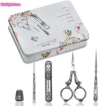 

5Pcs/set Exquisite Vintage Scissors Set Scissors+Needle Storage Tube+Awl+Needle Thread+Thimble Retro Sewing Scissors