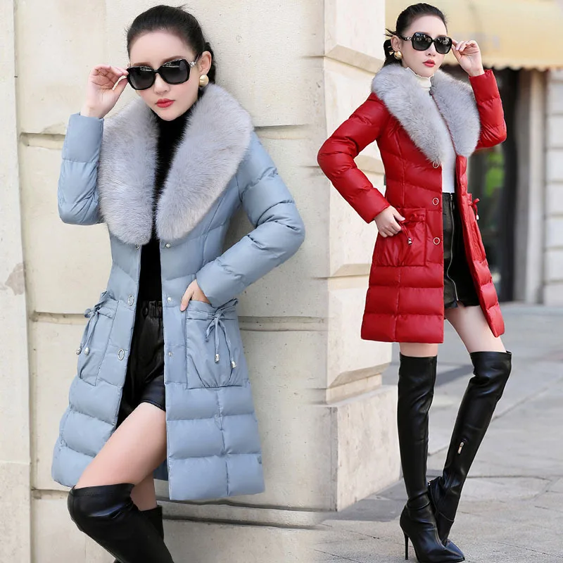 

PU Leather Cotton-padded Clothes Women's Mid-length 2018 New Style Korean-style Thick Waist Hugging Cotton-padded Jacket Large F