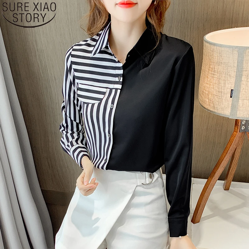 Blusa de manga larga a rayas Mujer, a la moda para oficina, blusas coreanas con solapa, Tops para Mujer 2023|Camisa| - AliExpress