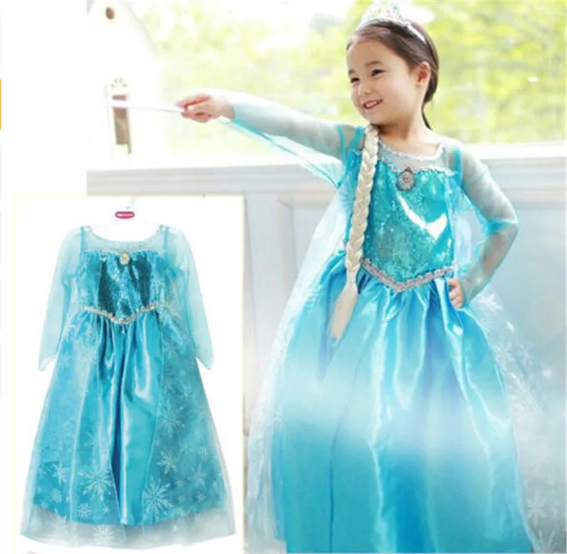 New Blue Baby Girls Kids Frozen Costume Dress Snow Princess Queen Dress Up Children's Party Gown Cosplay Tulle Dress 3-8 Years