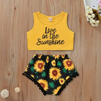 

Cute Baby Girls Cotton Clothes Baby Letter Print Sleeveless Vest Crop Tops+Tassel Ball Sunflower Printed Ruffles Shorts Outfits