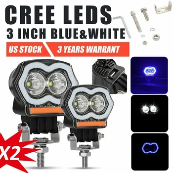 

Pair 3 Inch Blue & White LED Work Light Projector Halo Ring DRL Spotlight Offroad ATV 4WD Driving Lamp