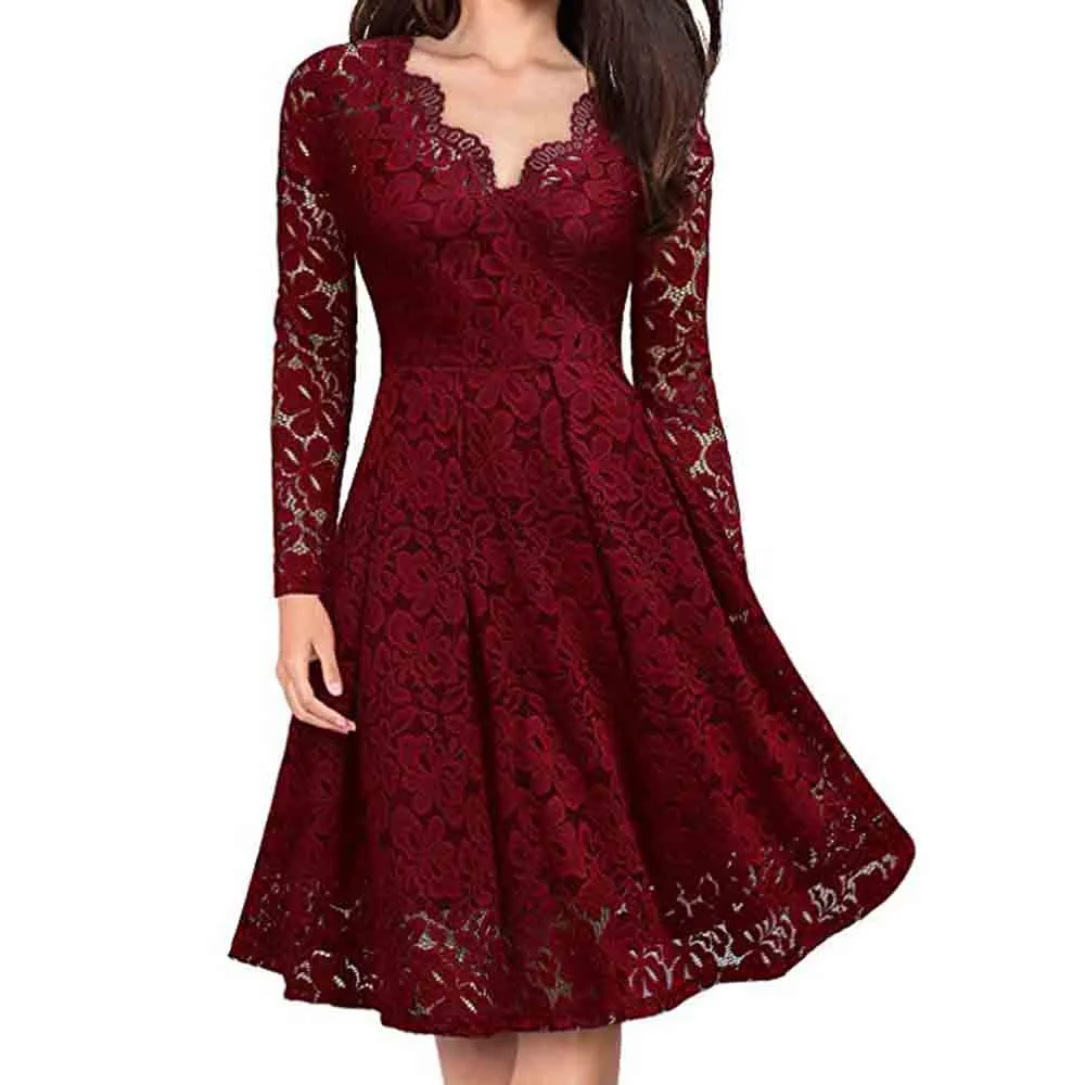 Fashion Lace Dress Women Long Sleeve Hollow Out Mini Party Night Dresses Casual Solid Color V-neck Ladies Backless Dresses #TT