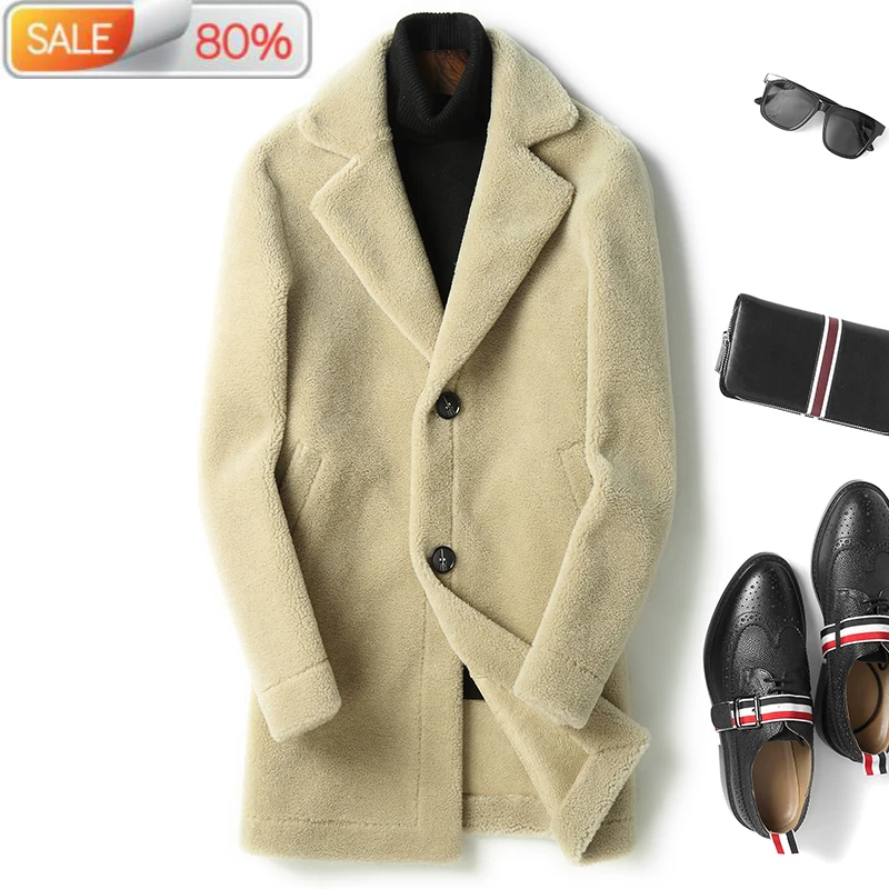 

100% Wool Coat Real Men Sheep Shearing Long Autumn Winter Jacket Suede Lining Mens Fur Coats T-A5-KLA017 B21364