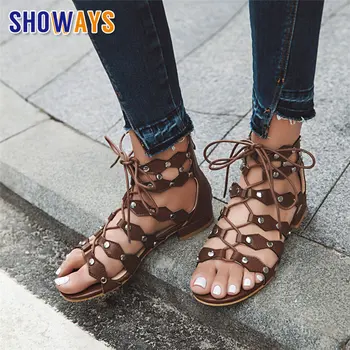 

Plus Size 46 Women Gladiator Sandals Low Heel Black Brown Cross-tied Casual Summer Rivet Rome Lace-up Ladies Flat Zipper Sandals