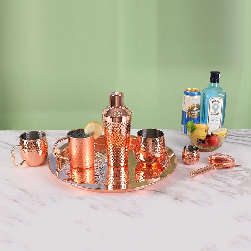 

Classical 6pcs stainless steel barware home bar tool set with copper tray