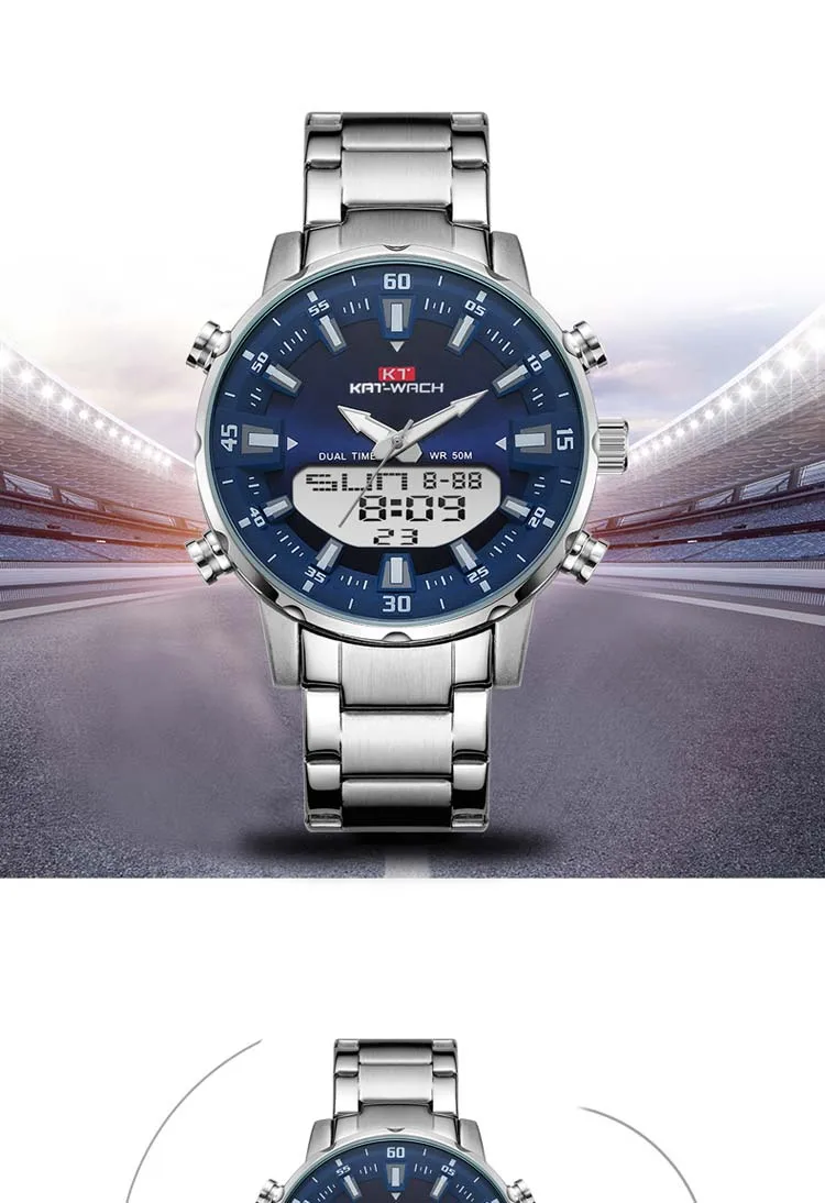 KAT-WACH Brand Steel Band Dual Movement Large Dial Waterproof Men's Electronic Watches Simple Luxury Business Man Wristwatch