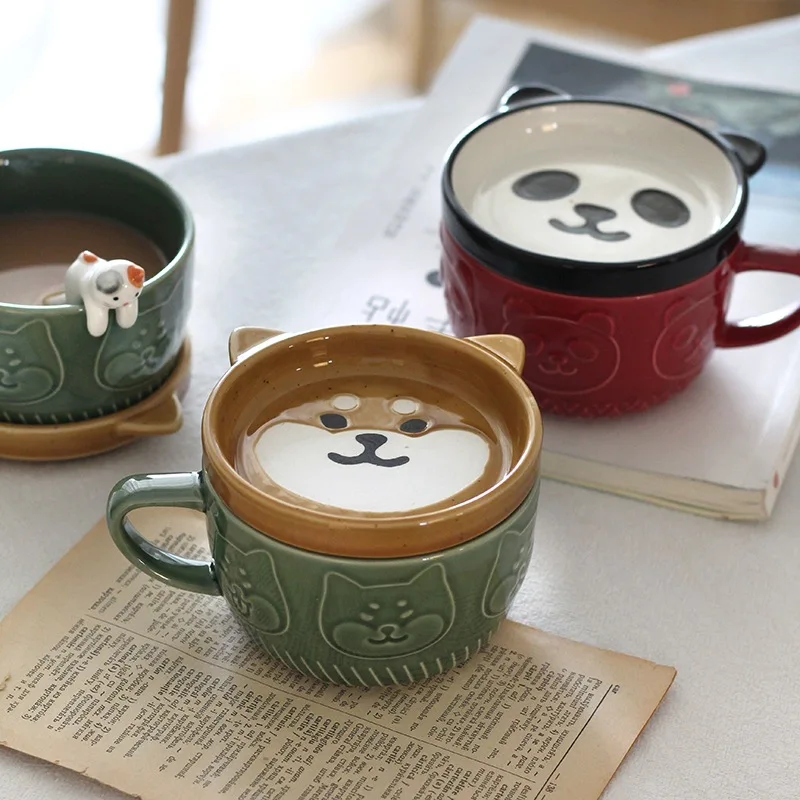 AOTEMAN Taza de porcelana de estilo japonés taza con tapa Shiba Lnu Panda cerámica taza de agua para el hogar taza de café taza de desayuno taza de leche taza de pareja taza de panda, 260 ml 