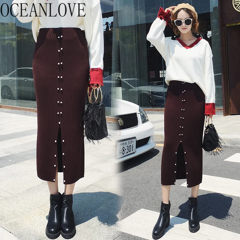 OCEANLOVE Beading Split Solid Knitted Faldas Mujer Moda Autumn High Waist Pencil Skirt Winter Office Lady Long Skirt 12813