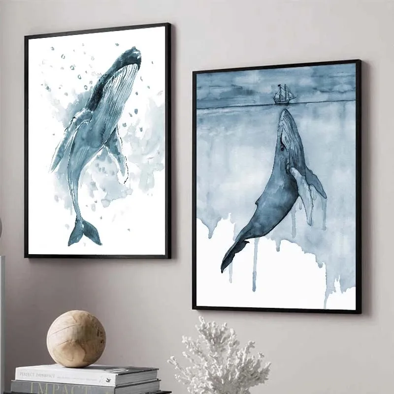 Акварель китов плакат Абстрактная живопись синий океан пейзаж холст картина без рамки стены искусства