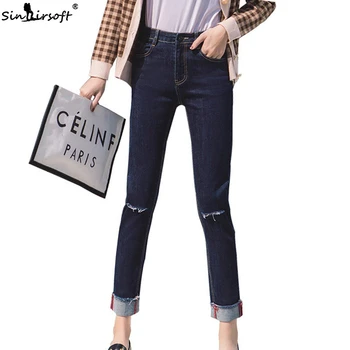 

2019 Autumn New Thin Micro-elastic Wild High Waist Jeans Woman Slim Trend Hole Grinding White Metal Zipper Denim Pants Women
