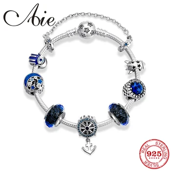 

925 Sterling Silver Romantic Charm Snake bone chain Bracelets Blue Murano Bead Beautiful Charms Anchor Pendant Bracelet Jewerly