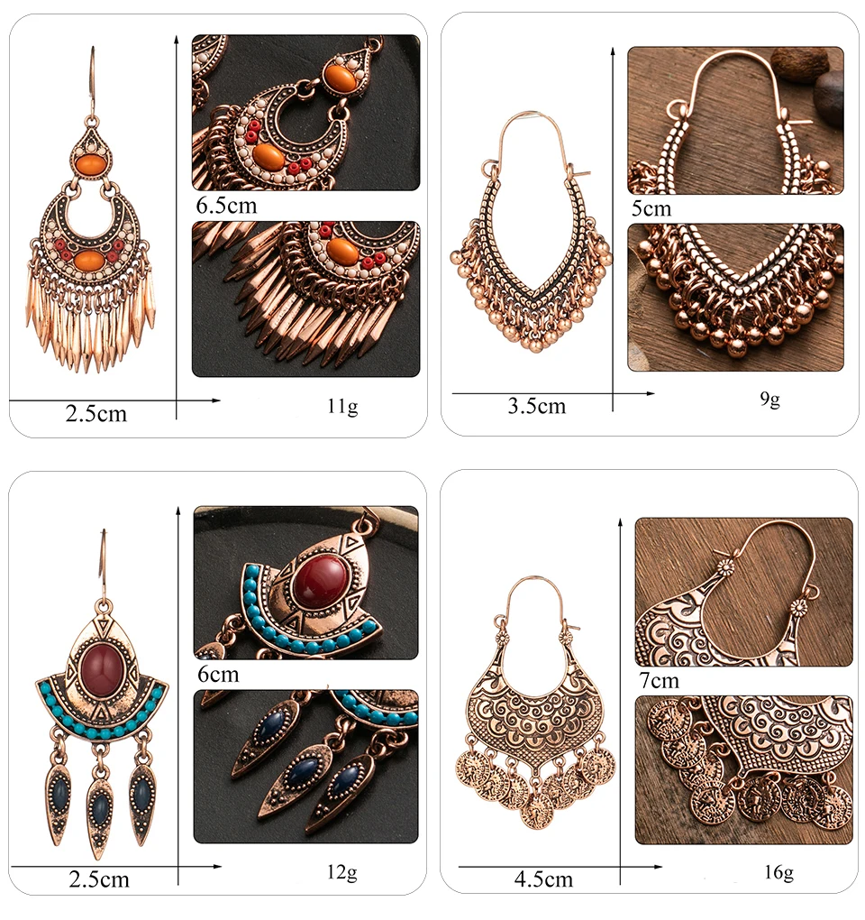 Bohemia Rose Gold Tassel Fringe Drop Earrings for Women Vintage Ethnic Natural Stones Round Geometric Earrings Female Jewelry (1391)