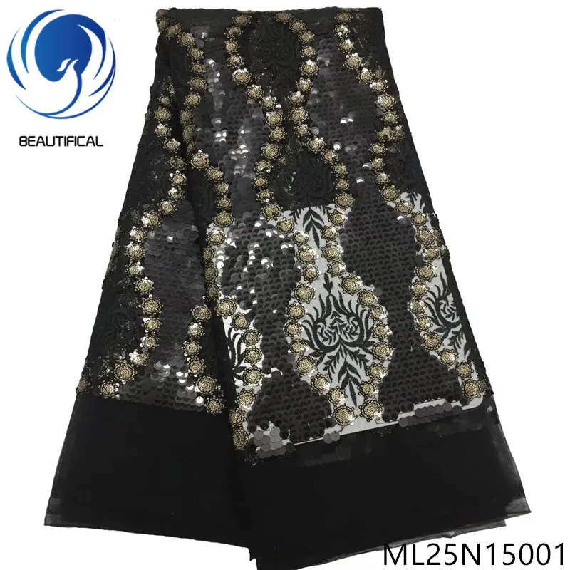 

Beautifical Black nigerian lace fabrics Top sale sequins embroidery flower tulle lace fabric big sequins lace fabric ML25N150