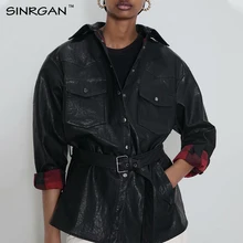 SINRGAN, карман на талии, ремни, искусственная кожа, куртка для женщин, осень, зима, базовая уличная одежда, Длинная кожаная куртка-бомбер